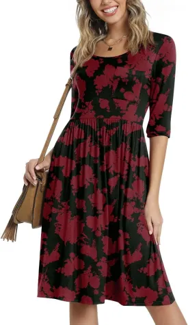 CATHY Women's 3/4 Sleeve 2025 Casual High Waist Round Neck Midi Dress with Pockets