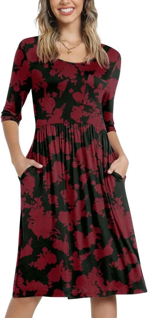 CATHY Women's 3/4 Sleeve 2025 Casual High Waist Round Neck Midi Dress with Pockets