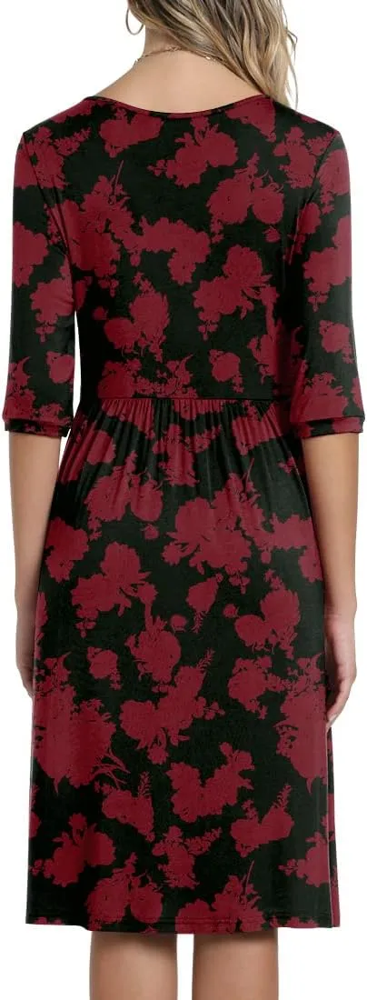 CATHY Women's 3/4 Sleeve 2025 Casual High Waist Round Neck Midi Dress with Pockets