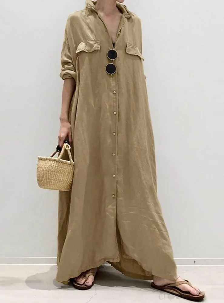 chouyatou Women's Casual Long Sleeve Maxi Shirt Dress Loose Fit Cotton Button Down Swing Long Dress