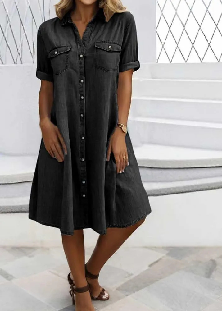 chouyatou Women's Summer Short Sleeve Denim Shirt Dress Business Casual Button Down Midi Long Jean Dress