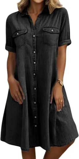 chouyatou Women's Summer Short Sleeve Denim Shirt Dress Business Casual Button Down Midi Long Jean Dress