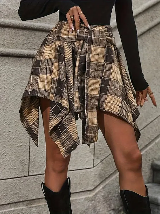 Chvity Mini Skirts for Women High Waisted Asymmetrical Hem Fashion Plaid Skirt
