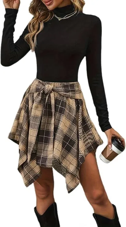 Chvity Mini Skirts for Women High Waisted Asymmetrical Hem Fashion Plaid Skirt
