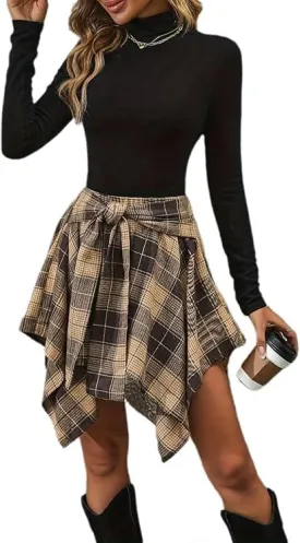 Chvity Mini Skirts for Women High Waisted Asymmetrical Hem Fashion Plaid Skirt