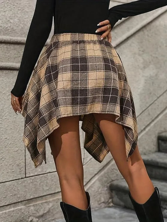 Chvity Mini Skirts for Women High Waisted Asymmetrical Hem Fashion Plaid Skirt