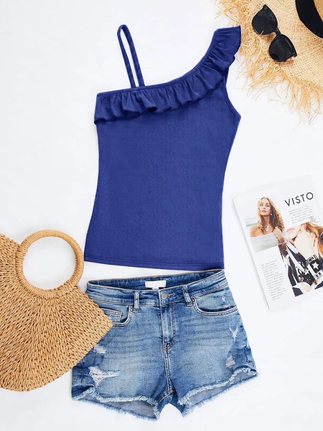 CNJFJ Womens Summer Bodycon Camisoles One Shoulder Strap Square Neck Blouse Rib Knitted Ruffle Tank Tops
