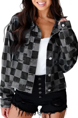Ecosunny Womens Casual Long Sleeve Button Down Shirt Jacket Checkered Patchwork Denim Jacket Lightweight Coat Tops