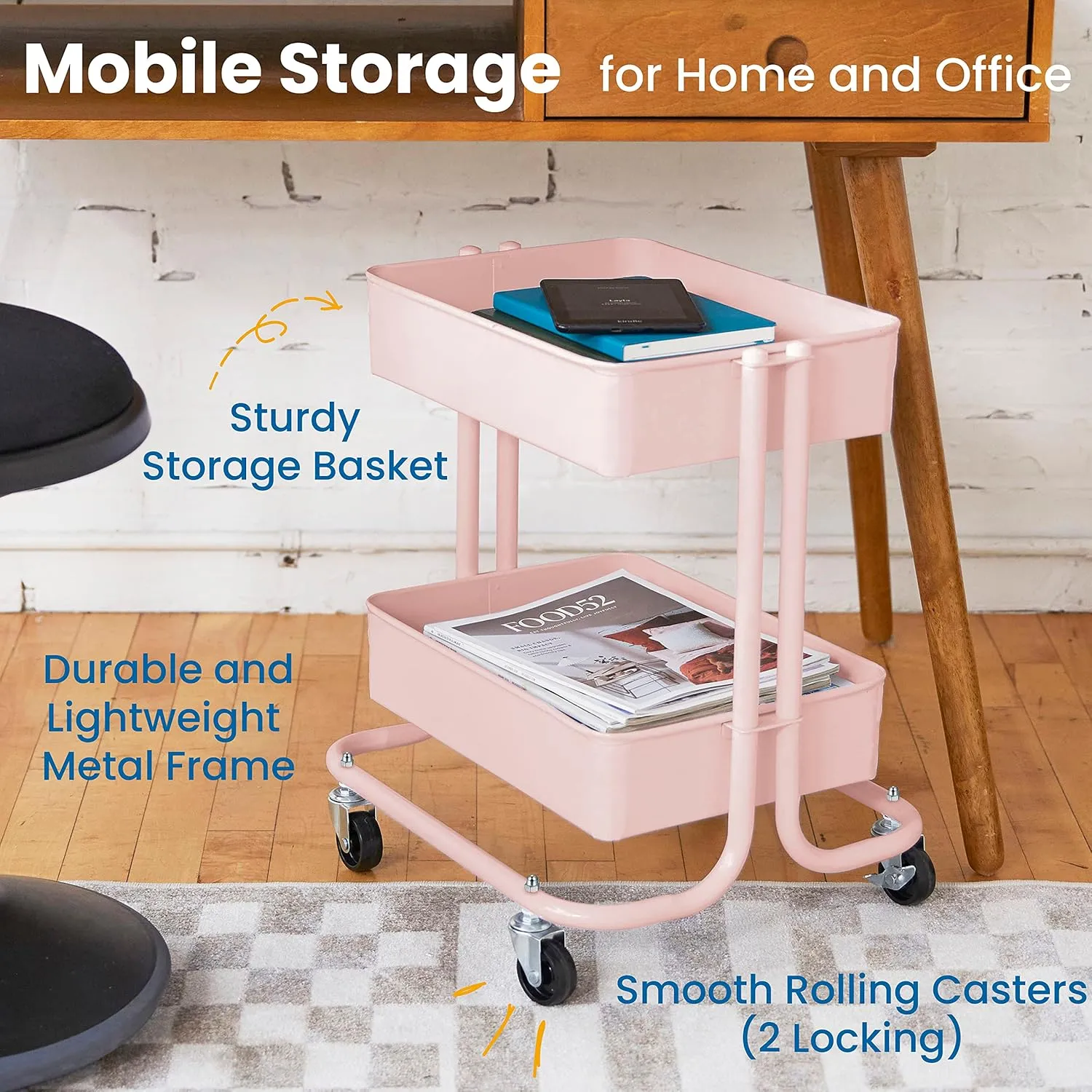 ECR4Kids 2-Tier Rolling Utility Cart, Multipurpose Storage, Pink
