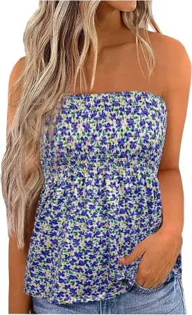 Floral Smocked Ruffled Strapless Bandeau Tank Women Summer Backless Tube Top Sleeveless Loose Holiday Shirts Blouse