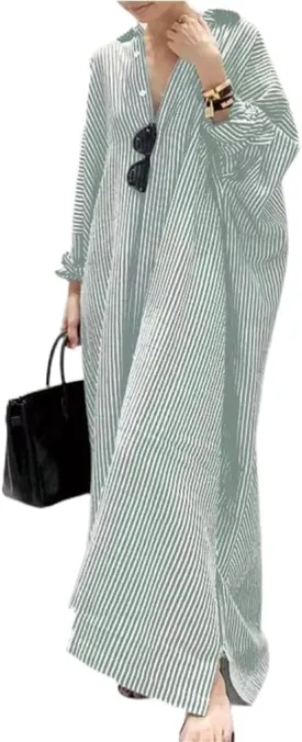 GGUHHU Womens Oversize Casual Maxi Striped Cotton Shirt Dress Loose Button Down Long Blouse Dresses