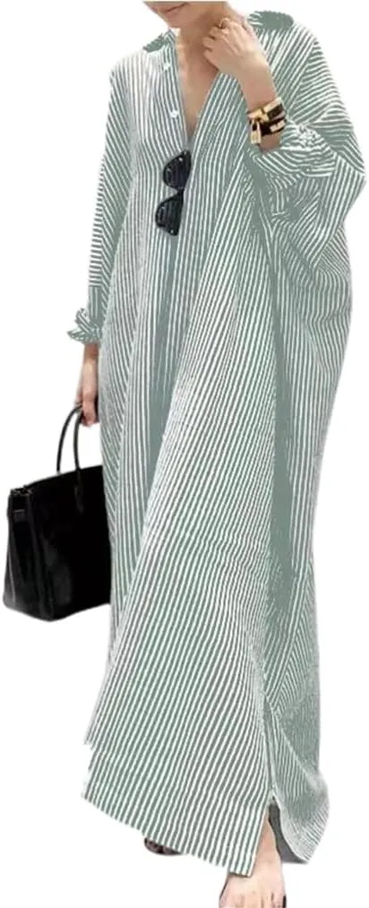 GGUHHU Womens Oversize Casual Maxi Striped Cotton Shirt Dress Loose Button Down Long Blouse Dresses