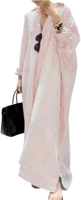GGUHHU Womens Oversize Casual Maxi Striped Cotton Shirt Dress Loose Button Down Long Blouse Dresses