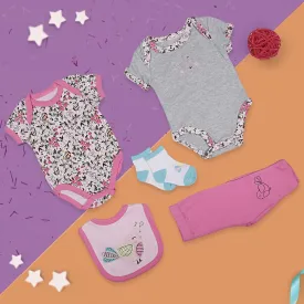 Gift Set Set Of 5 Bib Body Suits Pant And Socks Floral Pink