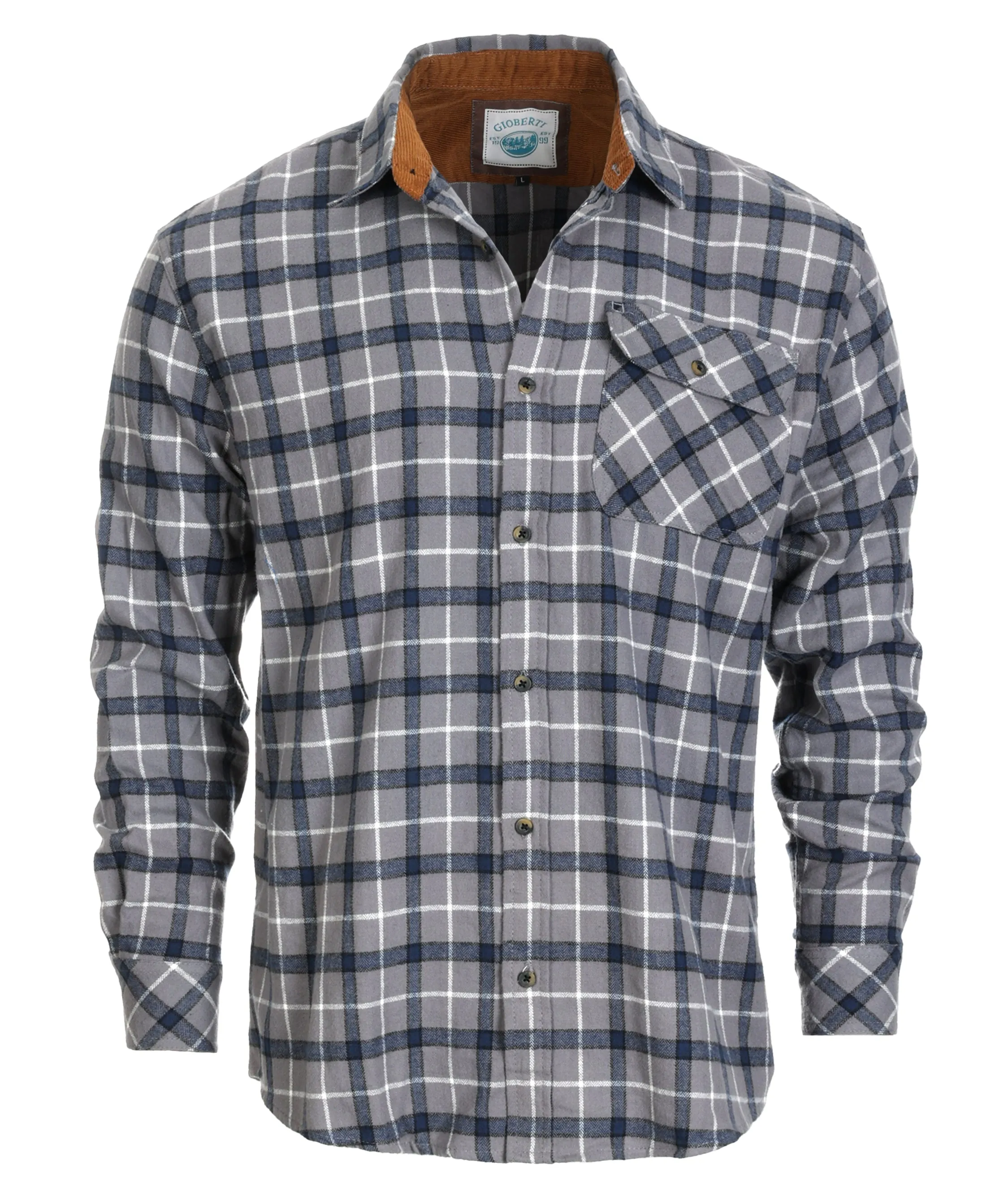 Gioberti Men's Gray / Blue / White Highlight 100% Cotton Brushed Flannel Plaid Checkered Shirt with Corduroy Contrast