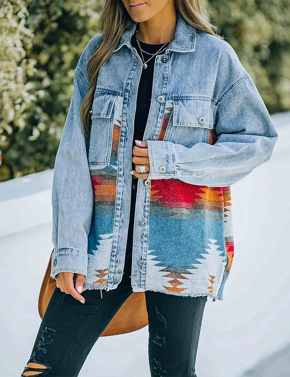 HangNiFang Aztec Denim Jacket Shacket for Women Button Down Vintage Distressed Blue Jean Jacket
