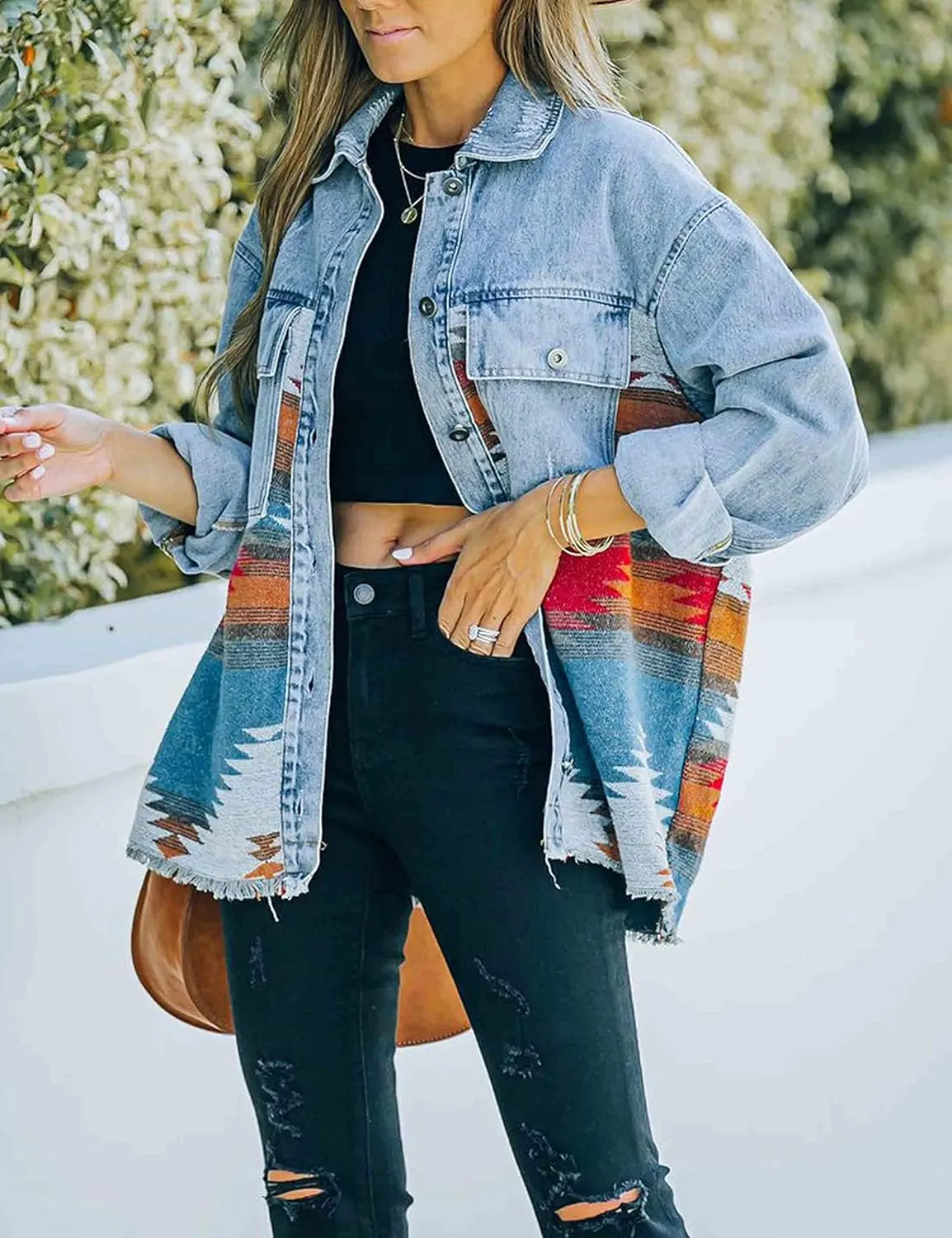 HangNiFang Aztec Denim Jacket Shacket for Women Button Down Vintage Distressed Blue Jean Jacket