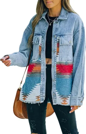HangNiFang Aztec Denim Jacket Shacket for Women Button Down Vintage Distressed Blue Jean Jacket
