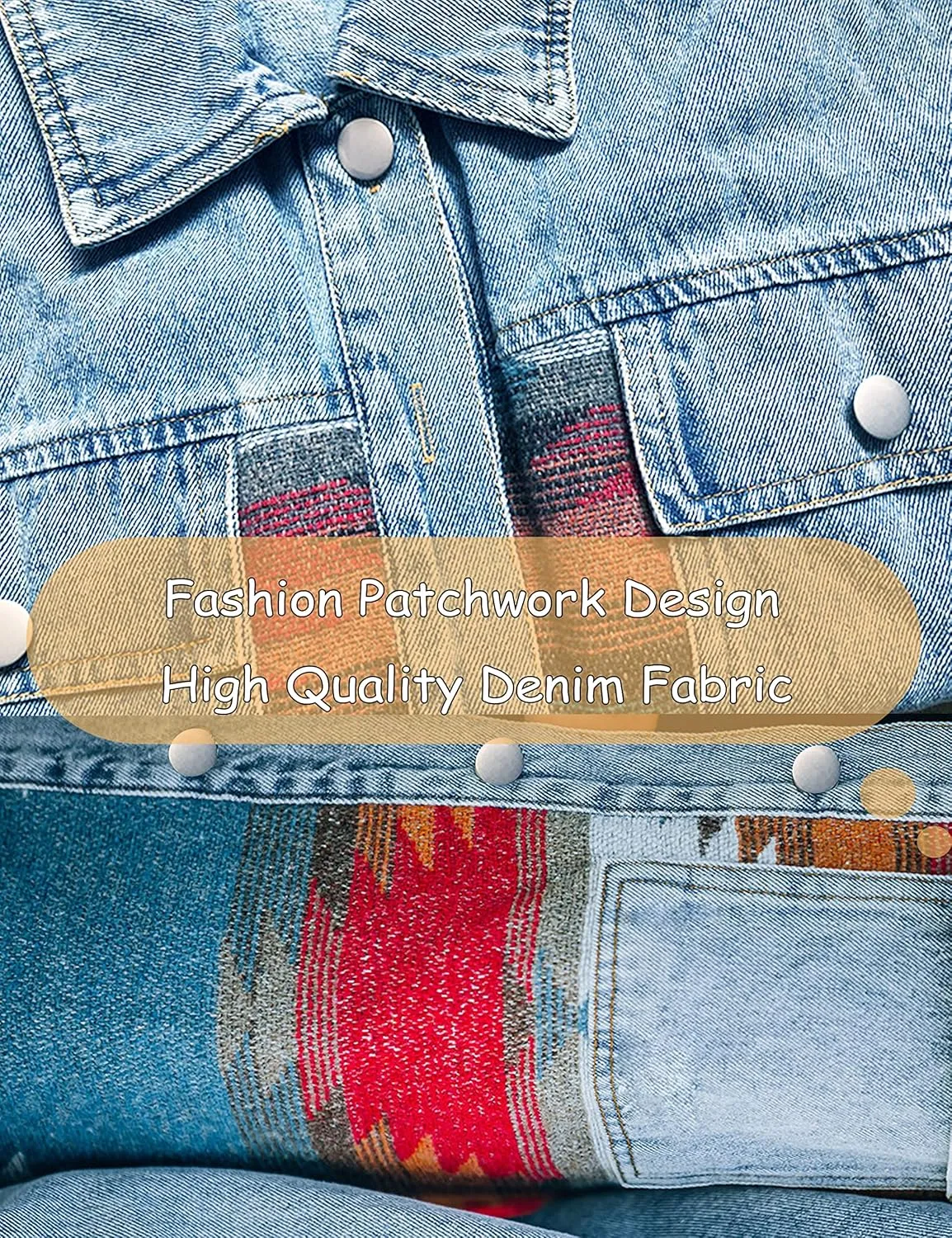 HangNiFang Aztec Denim Jacket Shacket for Women Button Down Vintage Distressed Blue Jean Jacket
