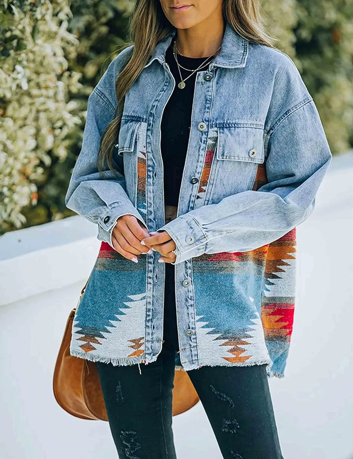 HangNiFang Aztec Denim Jacket Shacket for Women Button Down Vintage Distressed Blue Jean Jacket
