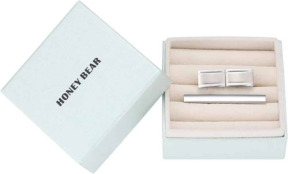 HONEY BEAR Rectangle Cufflinks Tie Clip Set for Mens Business Wedding Gift