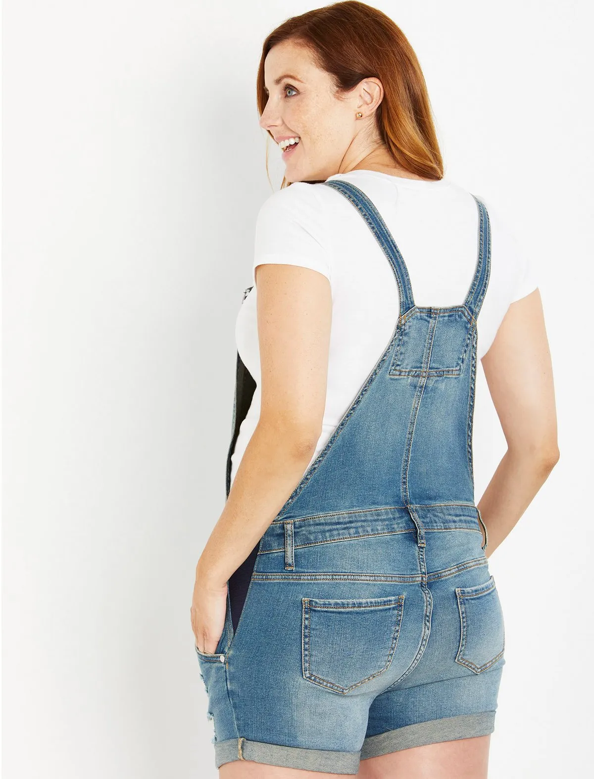 Indigo Blue Side Panel Destructed Maternity Shortalls in Medium Wash