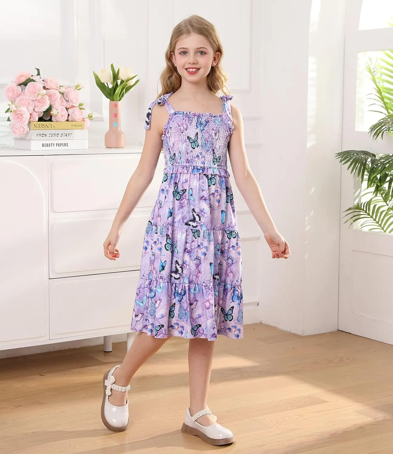 Kids4ever Girls Spaghetti Strap Dress 6-12Y Kids Sleeveless Cami Dresses Summer Beach Smocked Tiered Sundress with Pockets