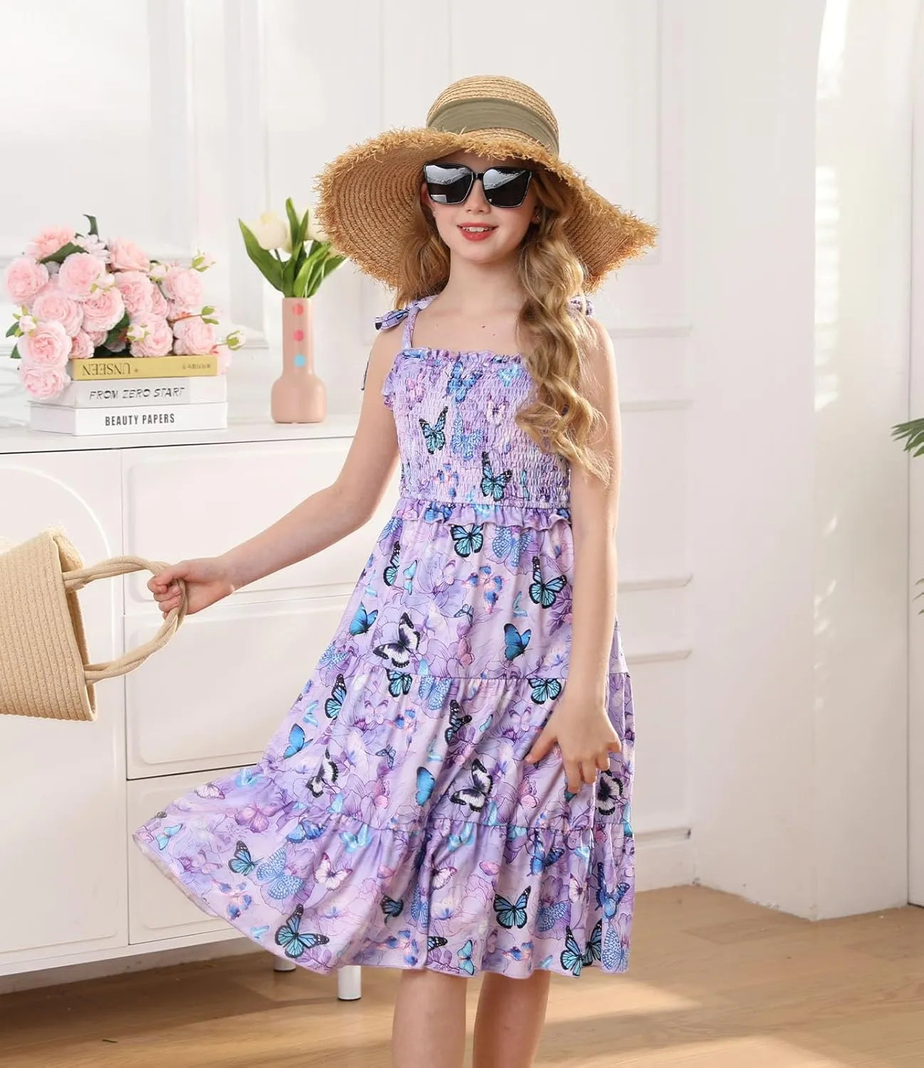 Kids4ever Girls Spaghetti Strap Dress 6-12Y Kids Sleeveless Cami Dresses Summer Beach Smocked Tiered Sundress with Pockets