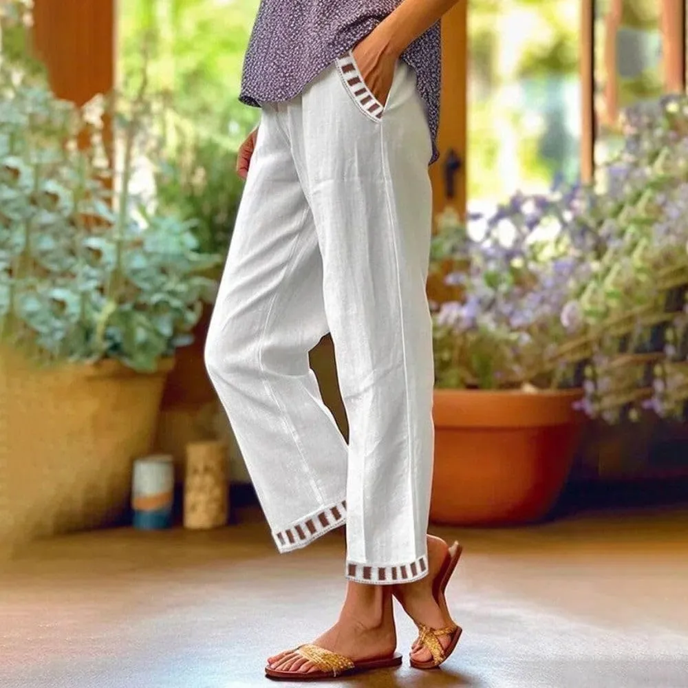 Linen Pants for Women Summer Elastic Waist Straight Leg Plus Size Crop Button Casual Beach Trousers with Pockets