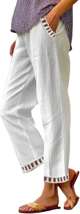 Linen Pants for Women Summer Elastic Waist Straight Leg Plus Size Crop Button Casual Beach Trousers with Pockets