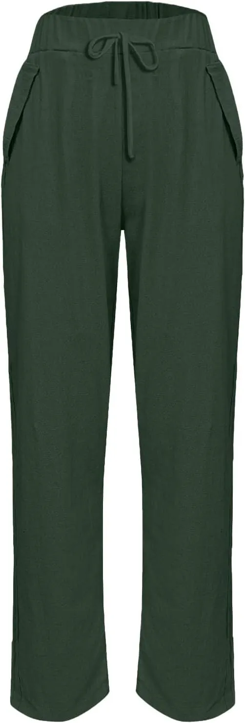 Linen Pants Women Petite 2025 Summer Elastic Drawstring Casual Trouser Lightweight Soft Beach Lounge Pant with Pocket