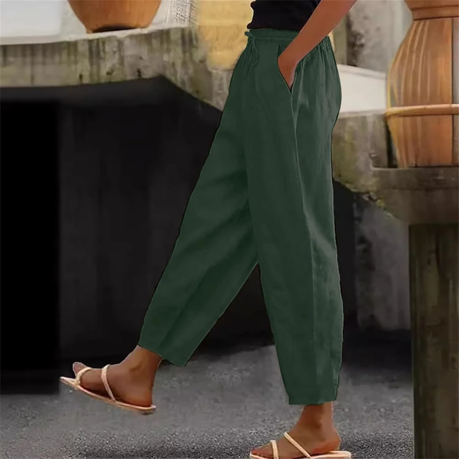 Linen Pants Women Petite 2025 Summer Elastic Drawstring Casual Trouser Lightweight Soft Beach Lounge Pant with Pocket