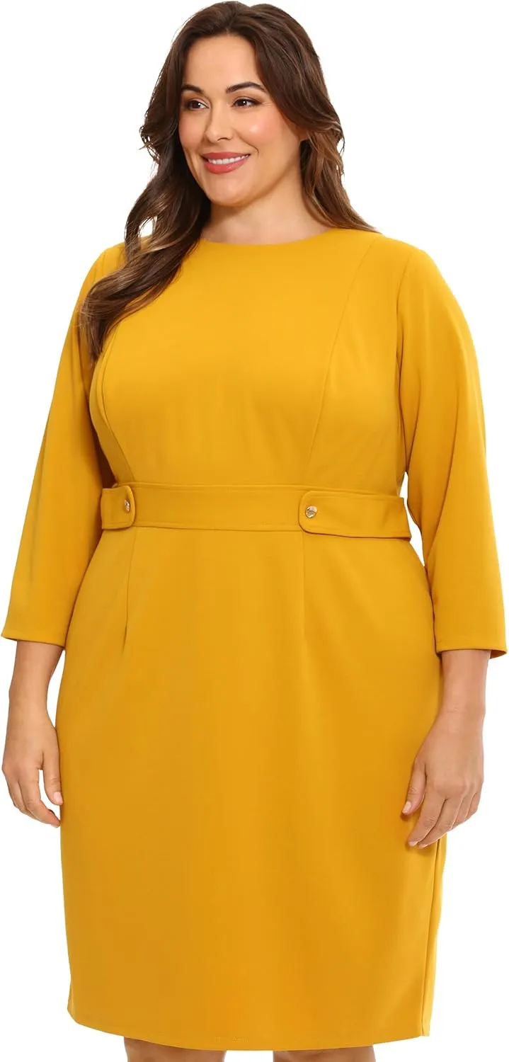 London Times Women's Work Office Business Sheath Dress with Button Waist Detail