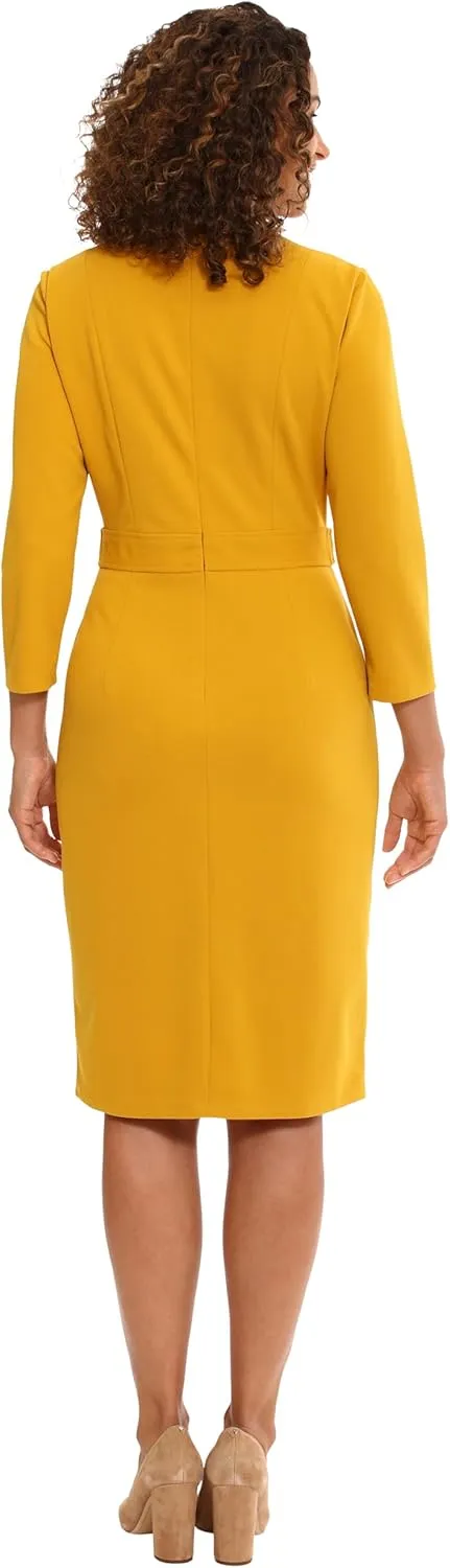 London Times Women's Work Office Business Sheath Dress with Button Waist Detail