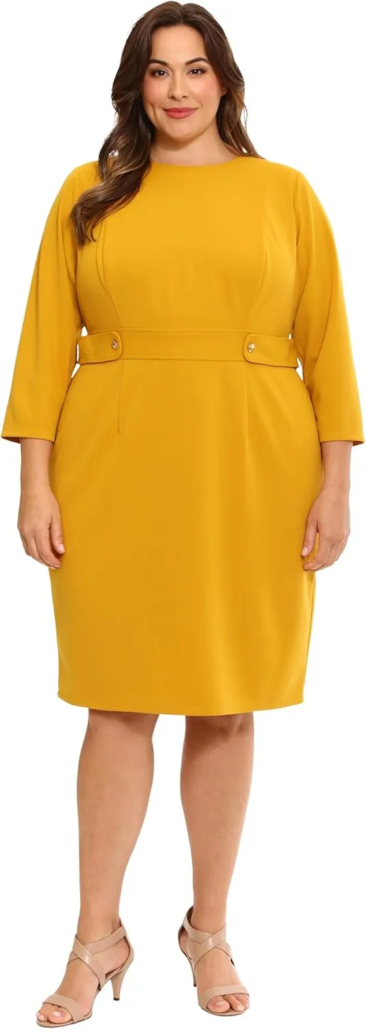 London Times Women's Work Office Business Sheath Dress with Button Waist Detail