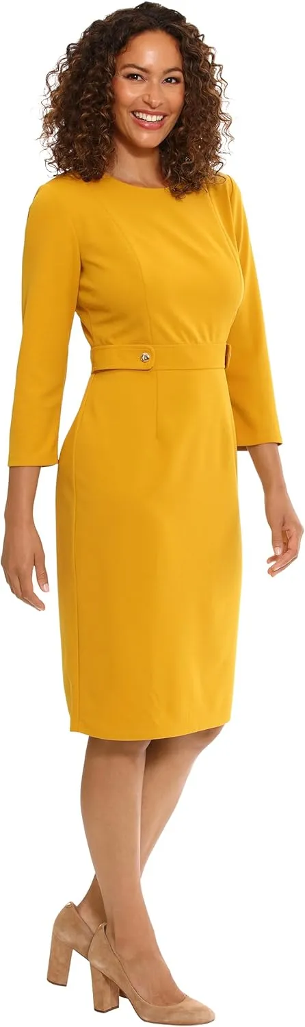 London Times Women's Work Office Business Sheath Dress with Button Waist Detail