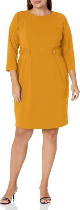 London Times Women's Work Office Business Sheath Dress with Button Waist Detail