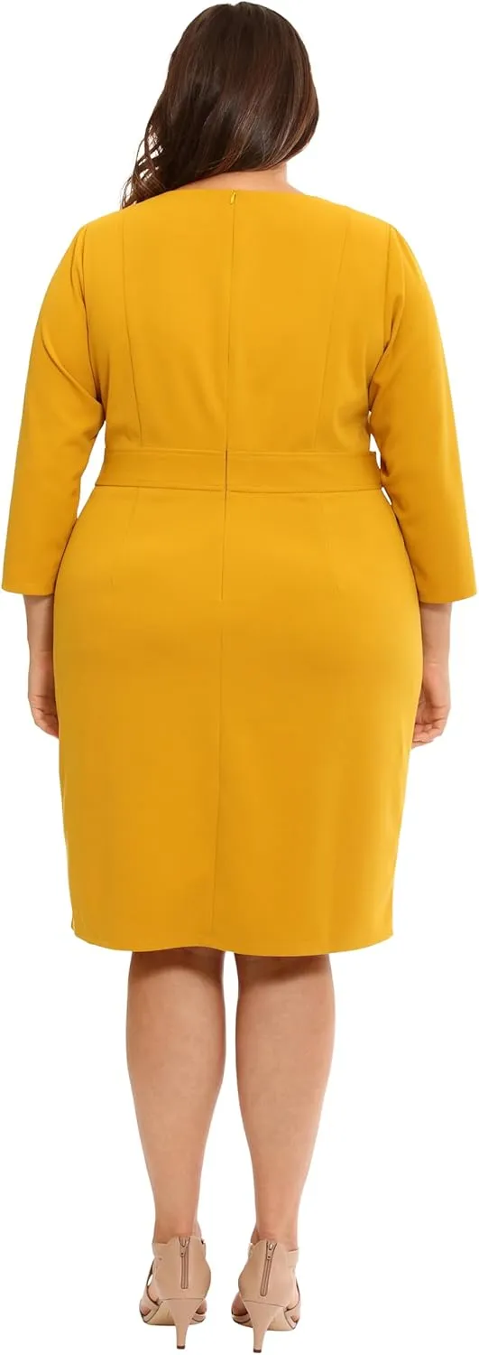 London Times Women's Work Office Business Sheath Dress with Button Waist Detail