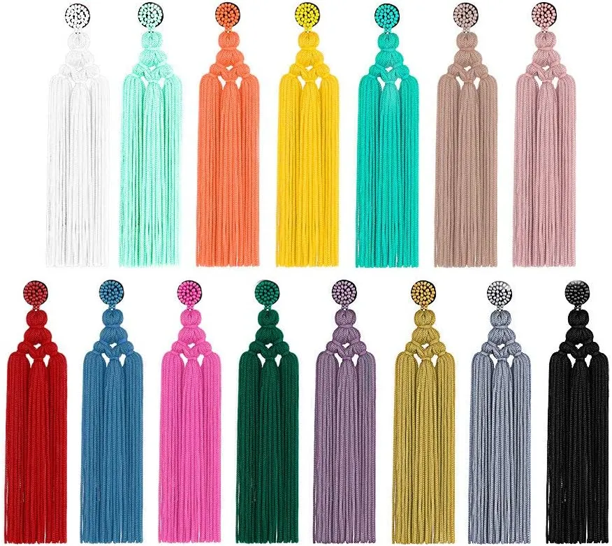 Long Woven Tassel Fringe Drop Dangle Earrings Large Beaded Chandelier Handmade Knot for Women Statement Bohemian Thread Layered