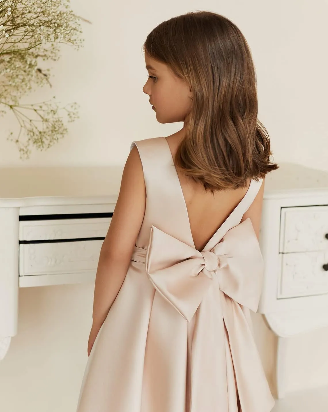 MCieloLuna Flower Girl Dresses for Wedding Bow-Knot Elegant Satin Princess First Communion Dresses