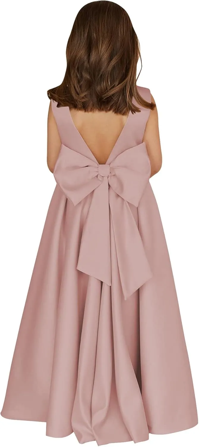 MCieloLuna Flower Girl Dresses for Wedding Bow-Knot Elegant Satin Princess First Communion Dresses