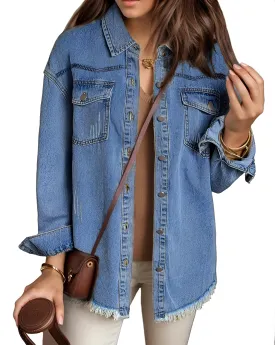 MISS MOLY Denim Jacket for Women Trendy Oversized Long Sleeve Frayed Hem Boyfriend Jean Shacket Coat