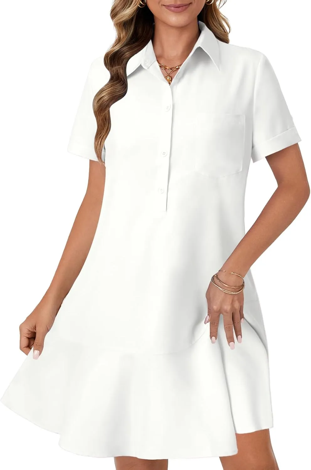 OPOIPIN Women's Collared V Neck Stripe Short Sleeve Button UP Ruffle Hem Shirt Tunic Mini Dress