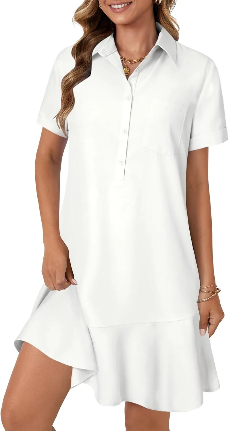 OPOIPIN Women's Collared V Neck Stripe Short Sleeve Button UP Ruffle Hem Shirt Tunic Mini Dress