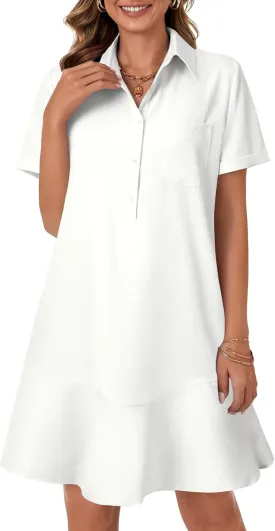 OPOIPIN Women's Collared V Neck Stripe Short Sleeve Button UP Ruffle Hem Shirt Tunic Mini Dress