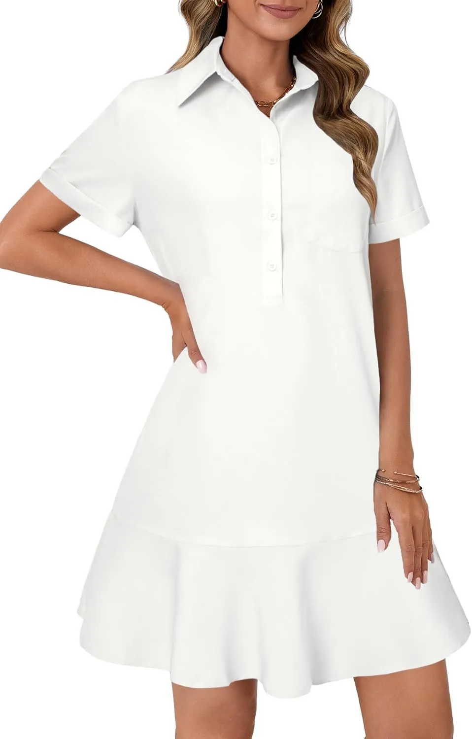 OPOIPIN Women's Collared V Neck Stripe Short Sleeve Button UP Ruffle Hem Shirt Tunic Mini Dress