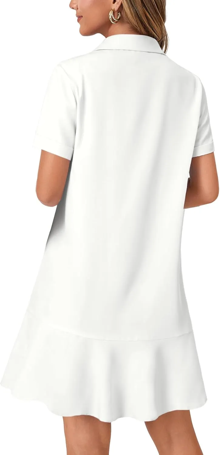 OPOIPIN Women's Collared V Neck Stripe Short Sleeve Button UP Ruffle Hem Shirt Tunic Mini Dress