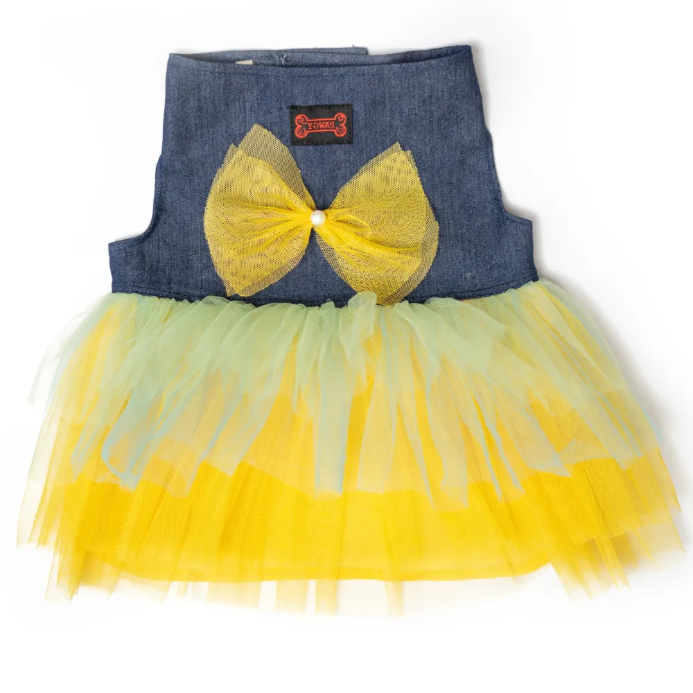 Pawgypets Denim Frilly Dress for Dogs and Cats (Blue/Yellow)