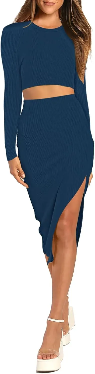 Pink Queen Women's 2 Piece Outfits Set Long Sleeve Crop Top Bodycon Slit Midi Skirt Sets Ribbed Knit Dress