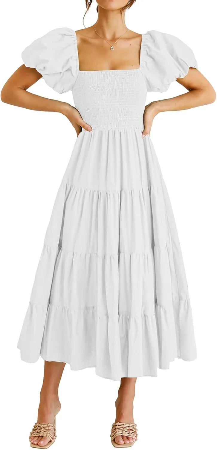 PRETTYGARDEN Women's 2025 Summer Casual Midi Dress Puffy Short Sleeve Square Neck Smocked Tiered Ruffle Dresses